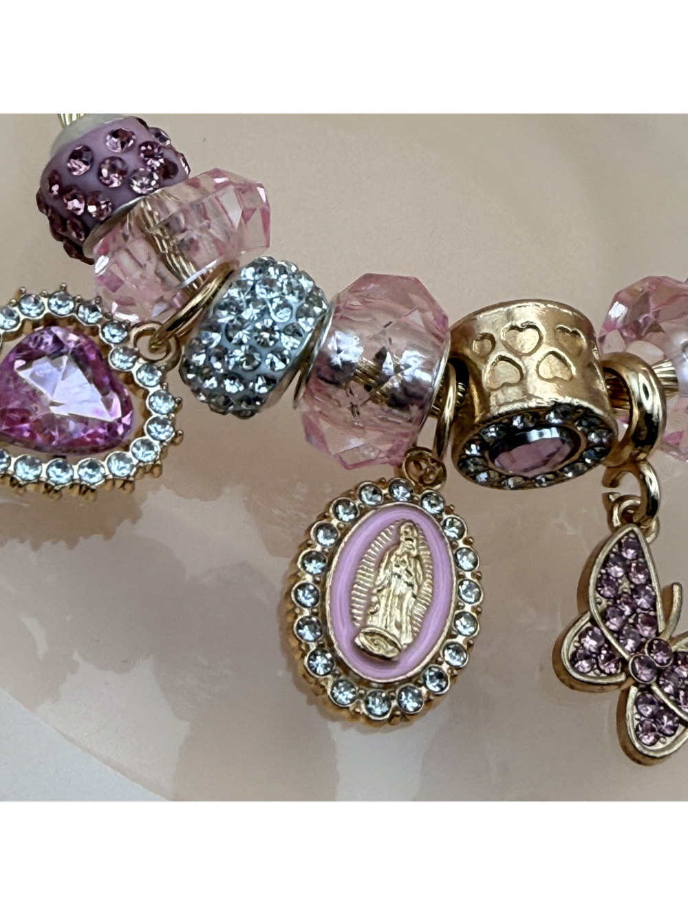 candy+clover Pink Catholic Faith Charm Cuff Bracelet Crystal Gold Tone Bracelet